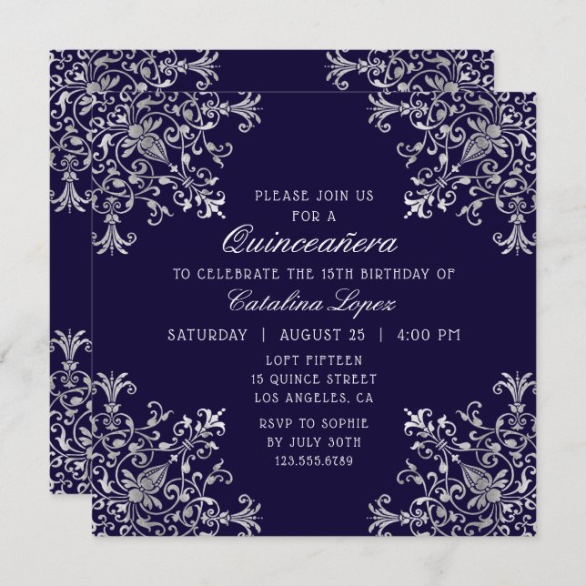 Elegant Blue Silver Ornate Floral Quinceañera Invitation (Front/Back)