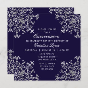 Elegant Blue Silver Ornate Floral Quinceañera Invitation
