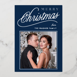 Elegant Blue & Silver Script Merry Christmas Photo Foil Holiday Card