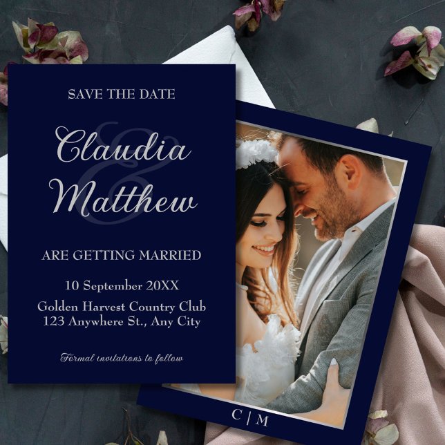 Elegant Blue & Silver Script Photo Wedding Save The Date (Elegant Blue & Silver Script Photo Wedding Save The Date)