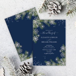 Elegant Blue Silver Snowflake Pine Winter Wedding Invitation