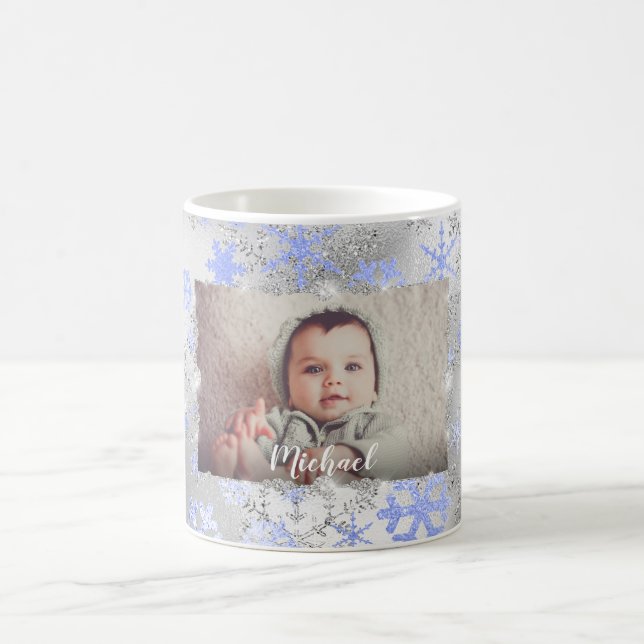 Elegant blue & silver snowflakes custom photo coffee mug (Center)