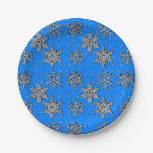 Elegant blue silver snowflakes paper plate