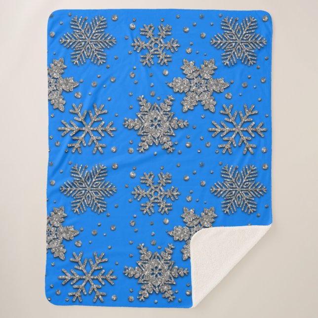 Elegant blue silver snowflakes sherpa blanket (Front)
