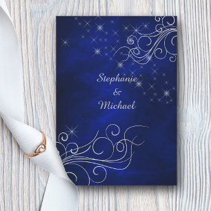 Elegant Blue Silver Star Swirl Wedding Invitation