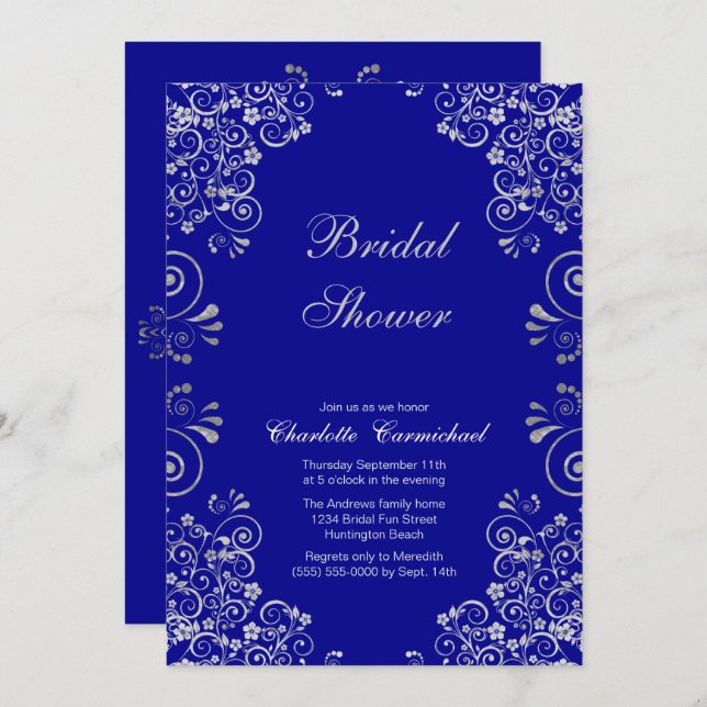 Elegant Blue Silver Swirl Script Bridal Shower Invitation (Front/Back)