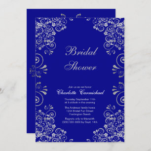 Elegant Blue Silver Swirl Script Bridal Shower Invitation