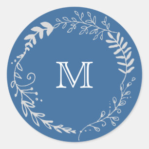 Elegant Blue & Silver Wreath Monochromatic Wedding Classic Round Sticker