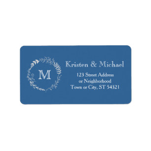 Elegant Blue & Silver Wreath Monochromatic Wedding Label