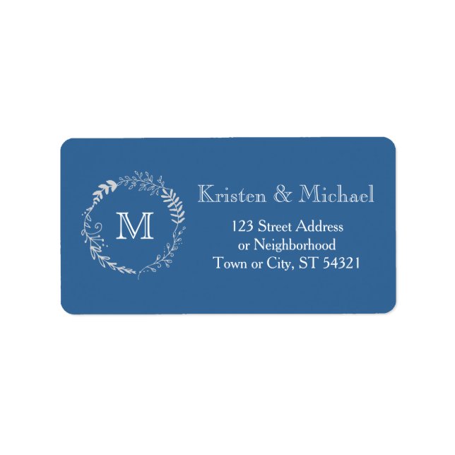 Elegant Blue & Silver Wreath Monochromatic Wedding Label (Front)