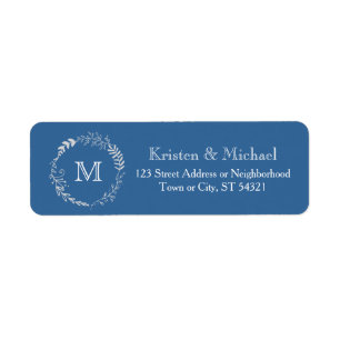 Elegant Blue & Silver Wreath Monochromatic Wedding Return Address Label