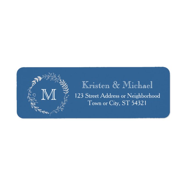 Elegant Blue & Silver Wreath Monochromatic Wedding Return Address Label (Front)
