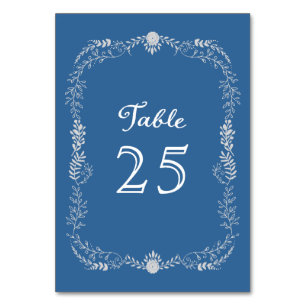 Elegant Blue & Silver Wreath Monochromatic Wedding Table Number