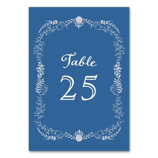 Elegant Blue & Silver Wreath Monochromatic Wedding Table Number (Front)