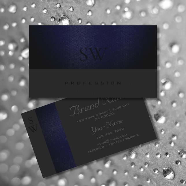 Elegant Blue Snake Pattern Dark Grey with Monogram Business Card (Creator Uploaded)