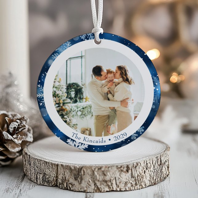 Elegant Blue Snowflake Double Side Christmas Photo Ceramic Ornament (Creator Uploaded)