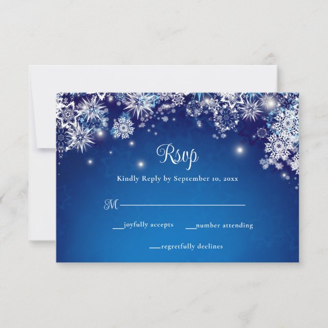 Elegant Blue Snowflake Sparkle Wedding RSVP Card (Front)