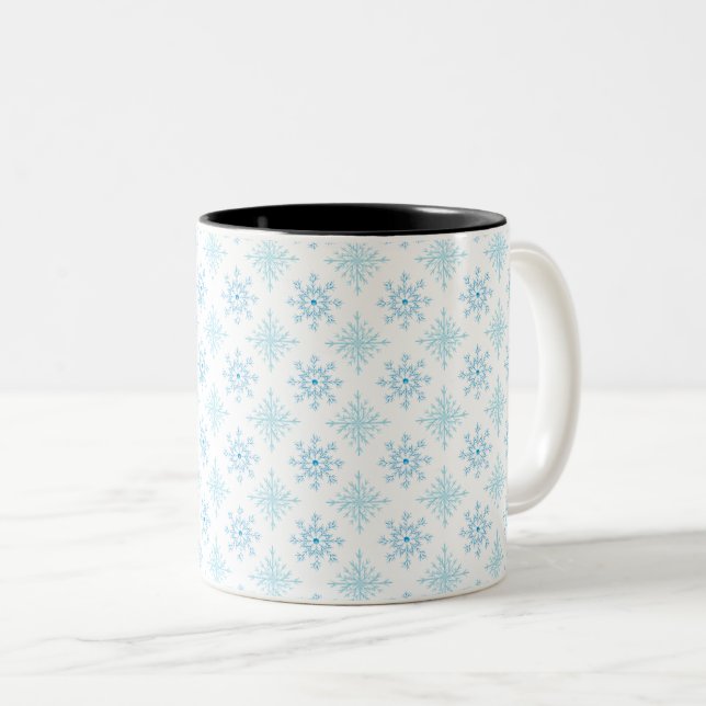 Elegant Blue Snowflake Winter Pattern Two-Tone Coffee Mug (Front Right)