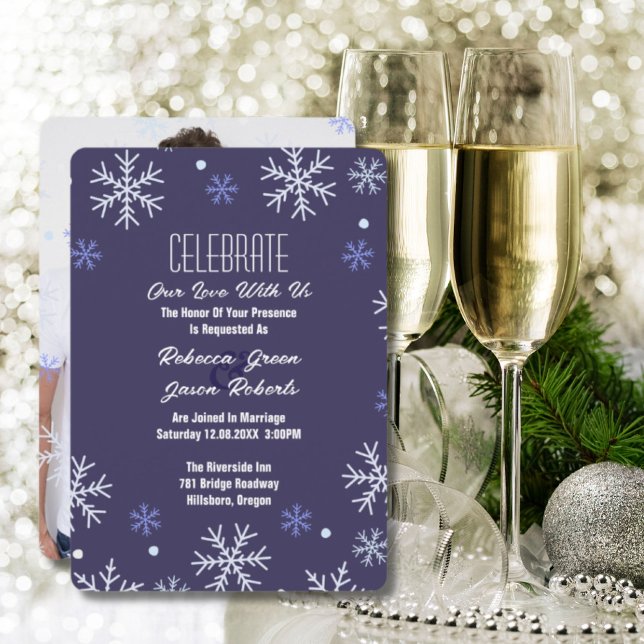 Elegant Blue Snowflake Winter Wonderland Wedding Invitation (Blue snowflakes Christmas Holiday Winter Wedding Invitations)