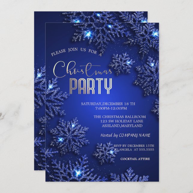 Elegant Blue Snowflakes Christmas Company Invitation (Front/Back)
