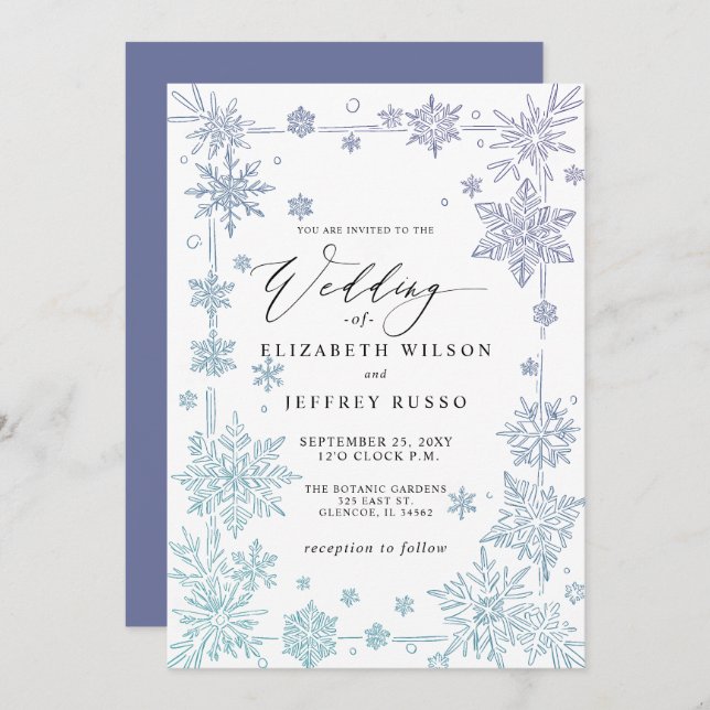 Elegant Blue snowflakes Winter Wedding Invitation (Front/Back)