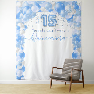 Elegant Blue Sparkle Quinceañera Balloon Arch Tapestry