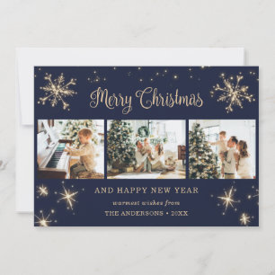 Elegant Blue Sparkly Snowflake Photo Christmas Holiday Card