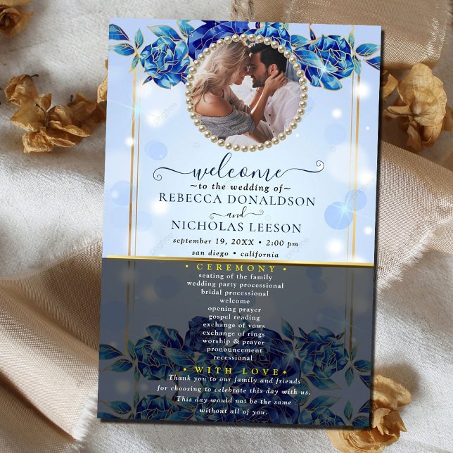 Elegant Blue Sparky Floral Photo Wedding Program (Creator Uploaded)