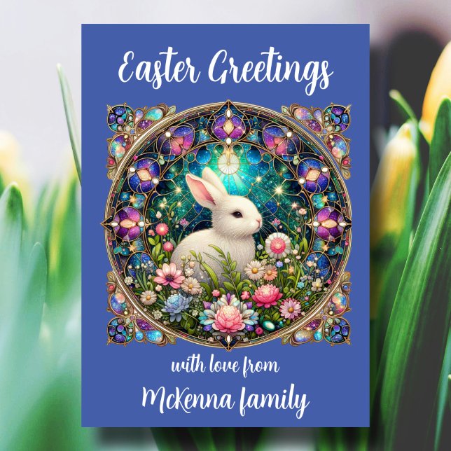 Elegant Blue Stained Glass Easter Bunny Christian  Holiday Card (Creator Uploaded)