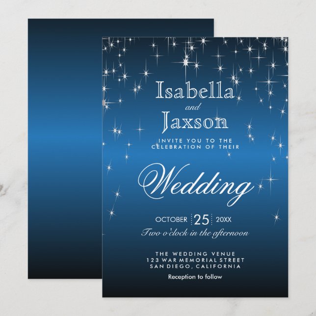 Elegant Blue Star Lights Wedding Invitation (Front/Back)