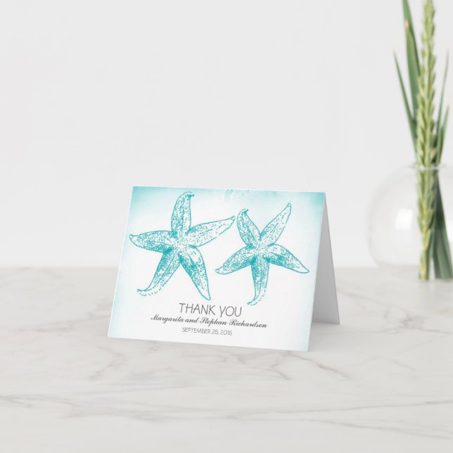 Elegant blue starfish couple wedding thank you card (Front)