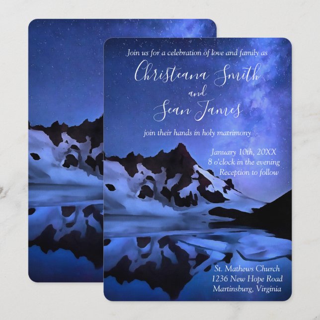 Elegant Blue Starry Night in Snowy Mountains Invitation (Front/Back)