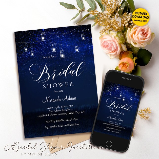 Elegant Blue Starry Night Mason Jar Bridal Shower Invitation (Creator Uploaded)