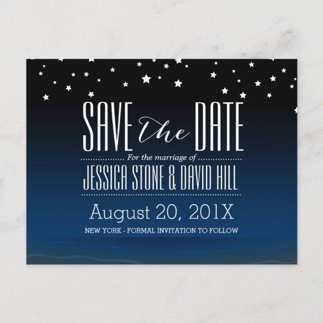 Elegant Blue Starry Night Wedding Save the Date Announcement Postcard (Front)