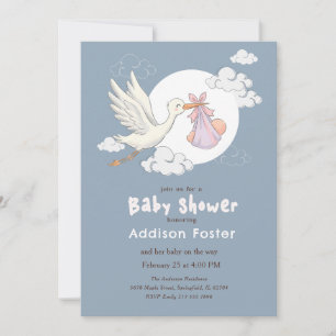 Elegant Blue Stork Girl Baby Shower Invitation