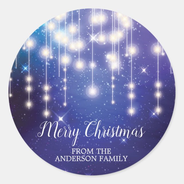 Elegant Blue String Lights Merry Christmas Sticker (Front)