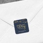 Elegant Blue Strings of Lights 30th Birthday Square Sticker<br><div class="desc">This elegant 30th Birthday square sticker feature strings of lights and the word "Thirty" in faux gold against a dark blue background. Check out other matching items here https://www.zazzle.com/collections/strings_of_lights_faux_gold_celebration_collection-119311942951401241?rf=238364477188679314 Personalise it with your details by replacing the placeholder text. For more options click the "Customise it" button. *Please note that the...</div>