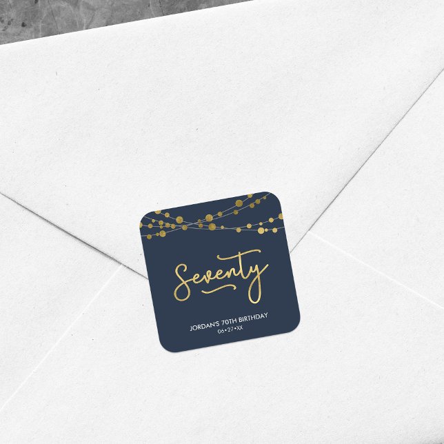 Elegant Blue Strings of Lights 70th Birthday Party Square Sticker (Creator Uploaded)