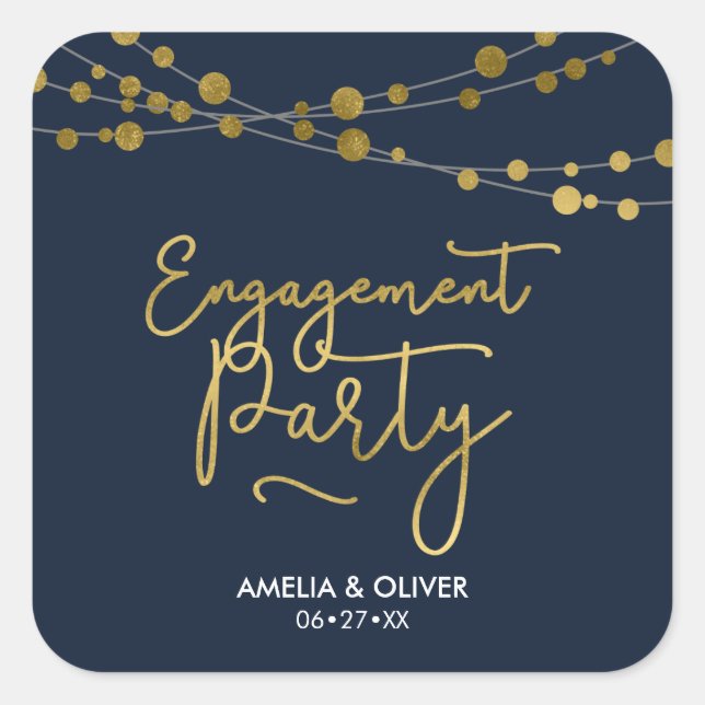 Elegant Blue Strings of Lights Engagement Party Square Sticker (Front)