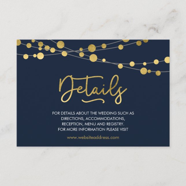 Elegant Blue Strings of Lights Wedding Details Enclosure Card (Front)