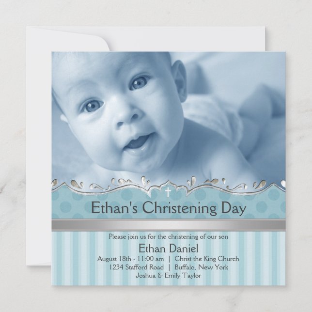 Elegant Blue Stripe Boys Photo Christening Invitation (Front)