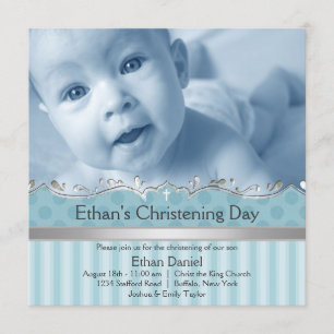 Elegant Blue Stripe Boys Photo Christening Invitation