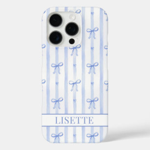 Elegant Blue Striped Coquette Bows Monogrammed iPhone 16 Pro Case