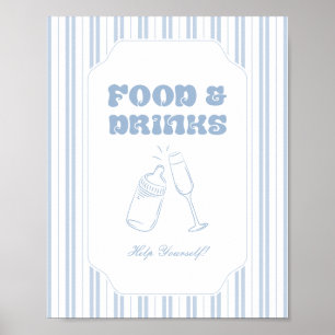 Elegant Blue Striped Food Drinks Baby Shower Sign