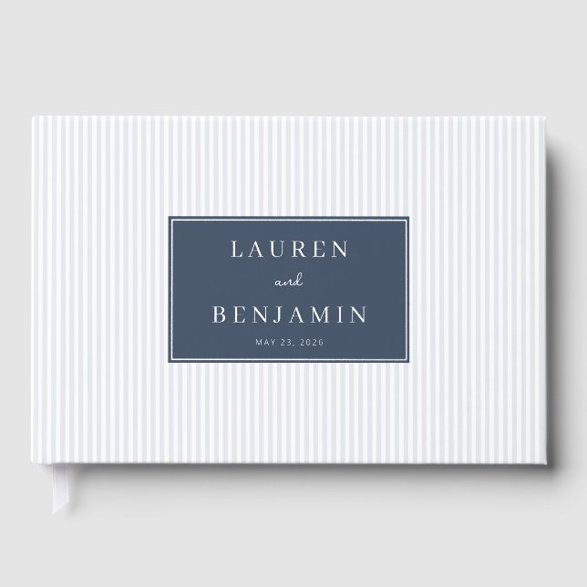 Elegant Blue Striped Label Guest Book (Front)
