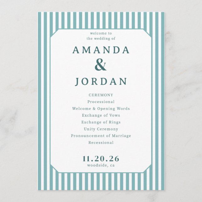 Elegant Blue Striped Wedding Ceremony Program (Front)