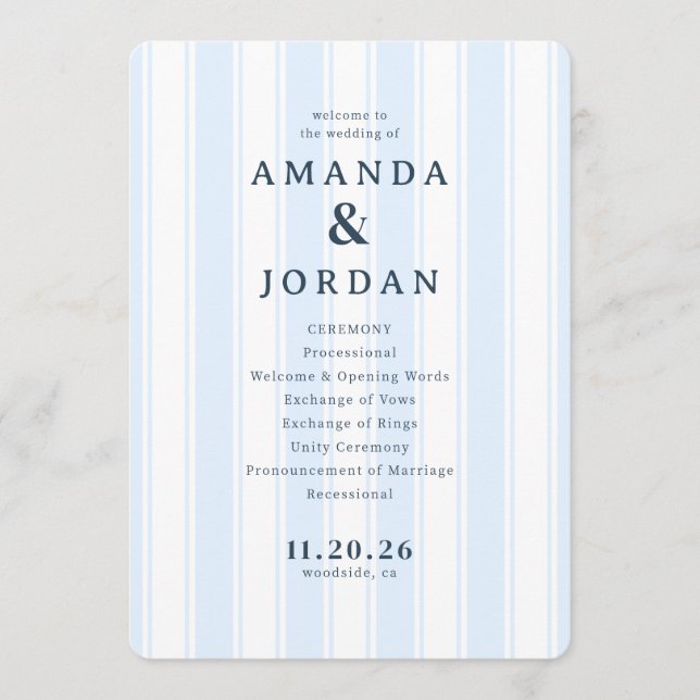 Elegant Blue Striped Wedding Ceremony Program (Front)