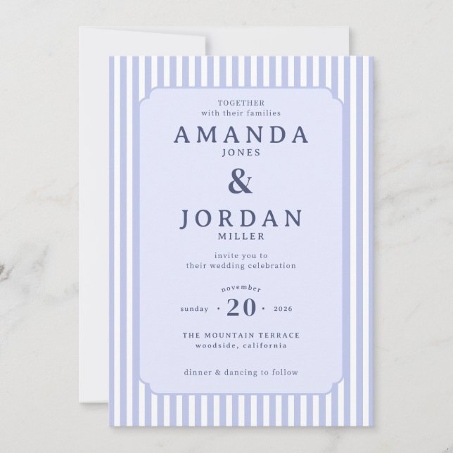 Elegant Blue Striped Wedding Invitation (Front)