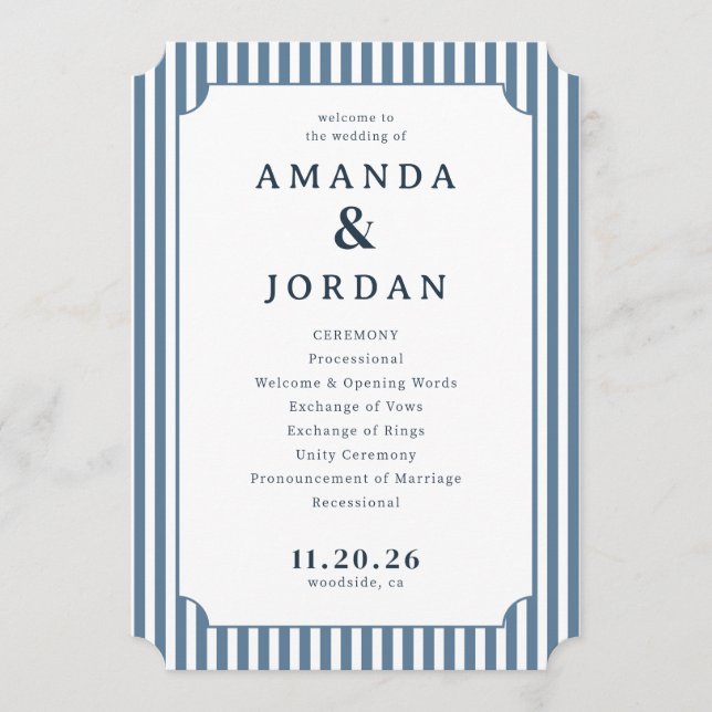 Elegant Blue Striped Wedding Invitations (Front)