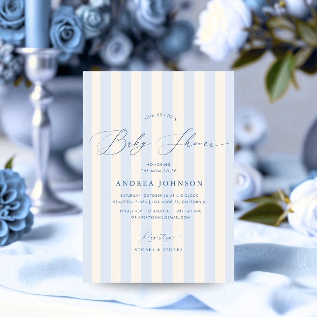Elegant blue stripes boy baby shower invitation (Creator Uploaded)